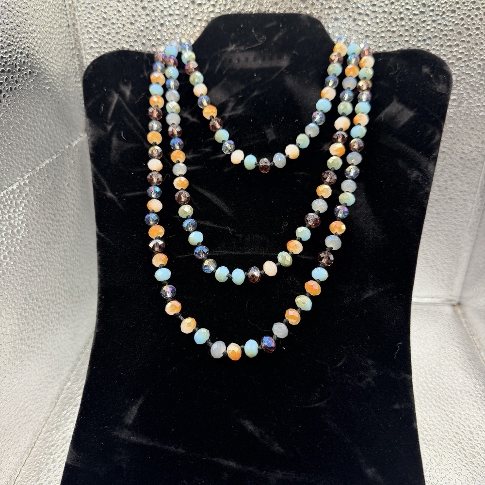 Hand Knotted Multicolor Beaded Necklace, Extra Long 57" Earth Tones Layering